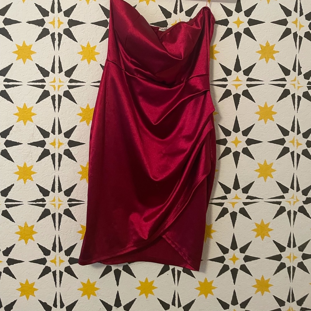 Red asymmetrical strapless dress